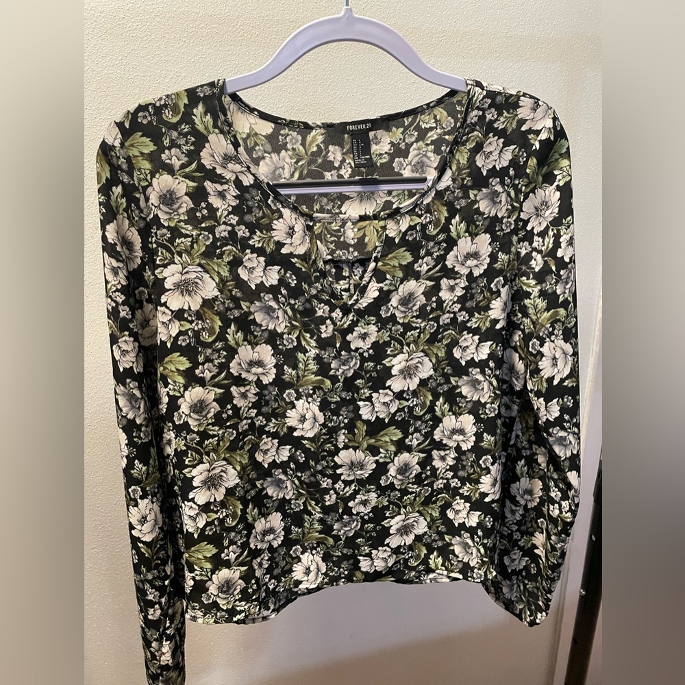 Forever 21 Black and Green Floral Blouse
